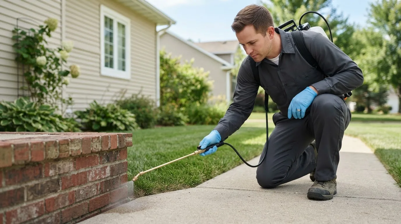 Pest control technician treating a home near Hartville, OH