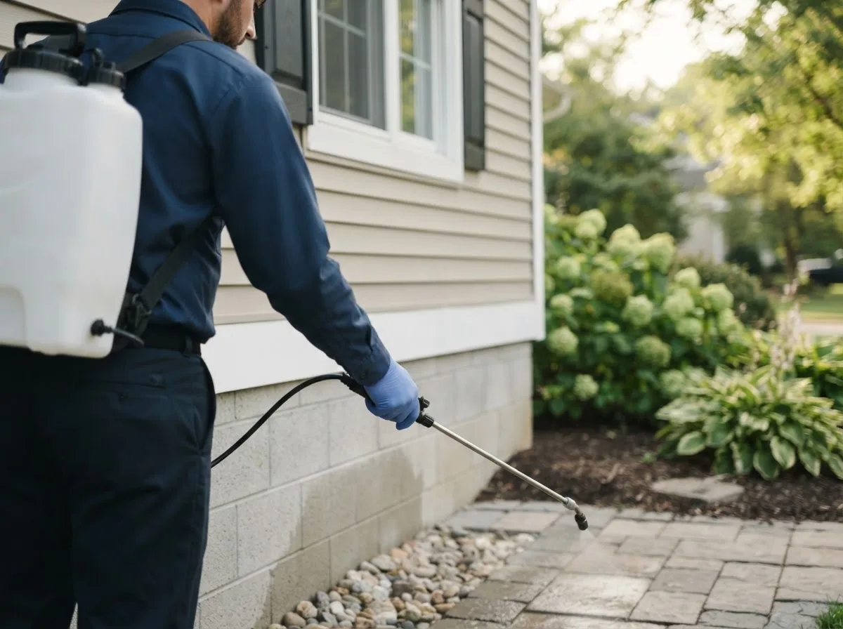 Pest control technician inspecting a home in Hartville, OH